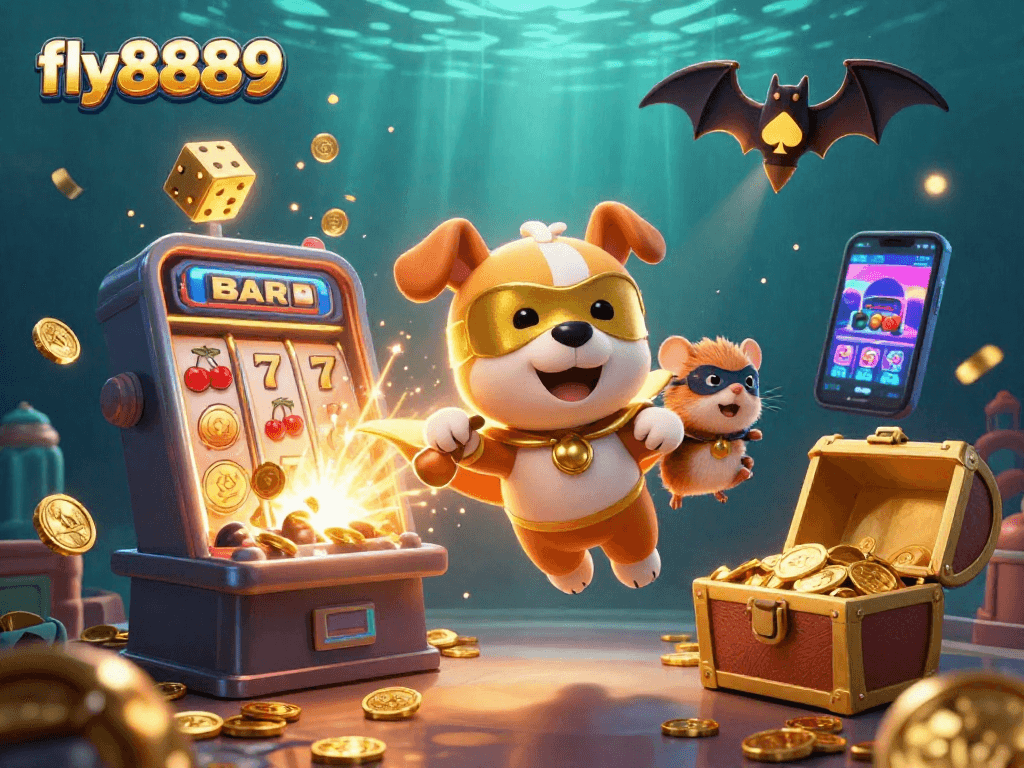 Experience excitement with fly8889 as a superhero dog and hamster bring you golden rewards in this casino scene!