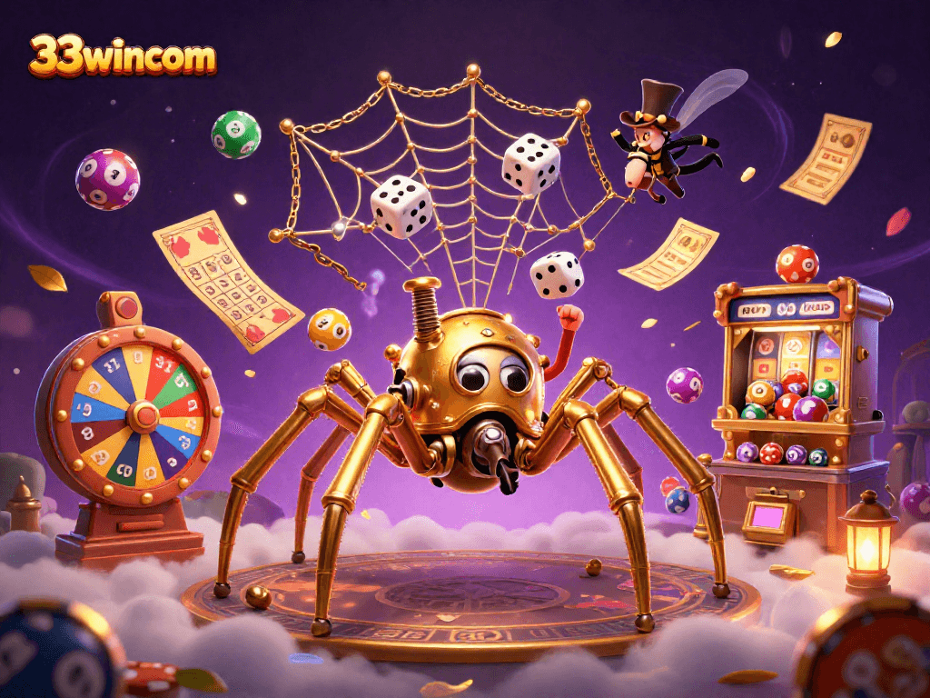 Experience thrilling gameplay at 33wincom, where colorful lottery balls bounce in a rich, dynamic casino scene.