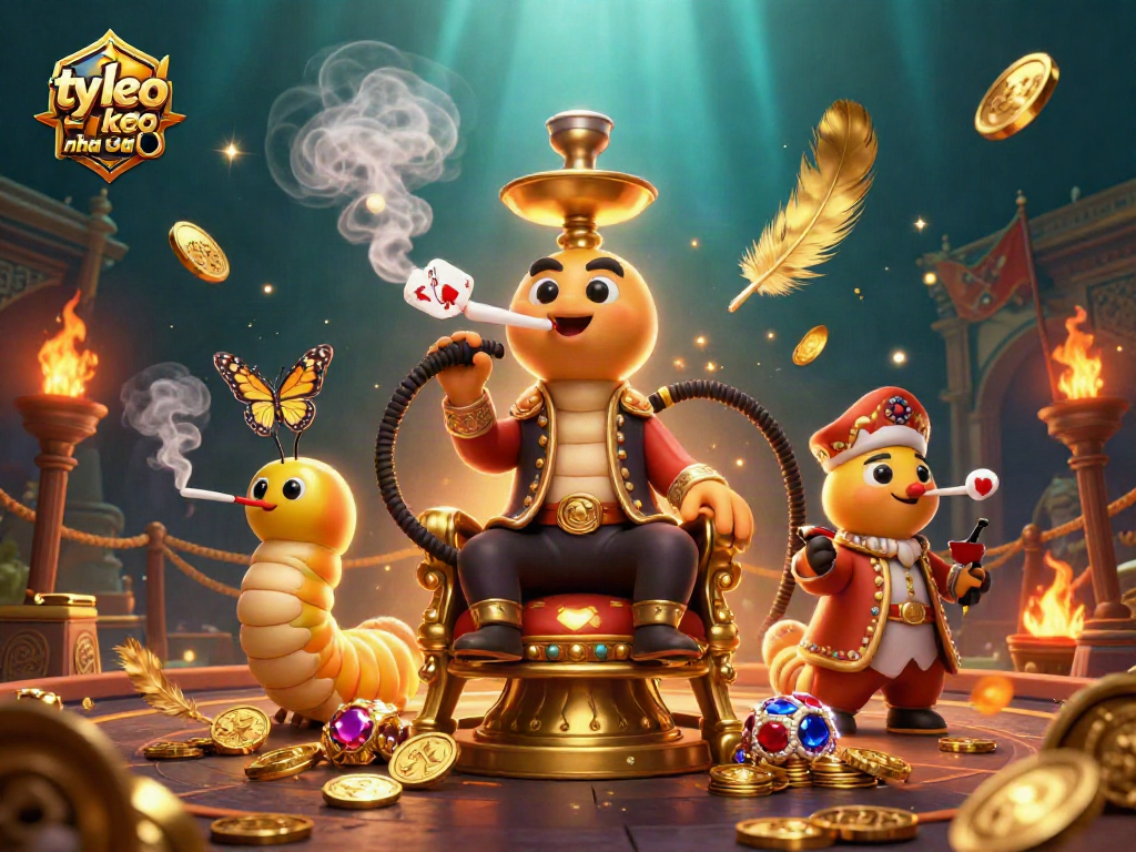 Engage with ty le keo nha cai as a caterpillar master showcases poker symbols while surrounded by dynamic imagery.