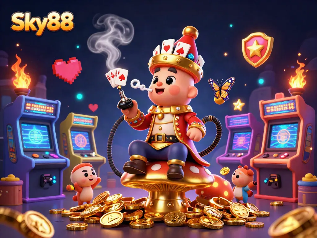 Bet and win at Sky88 with colorful arcade themes and engaging casino elements in a vibrant 3D scene.