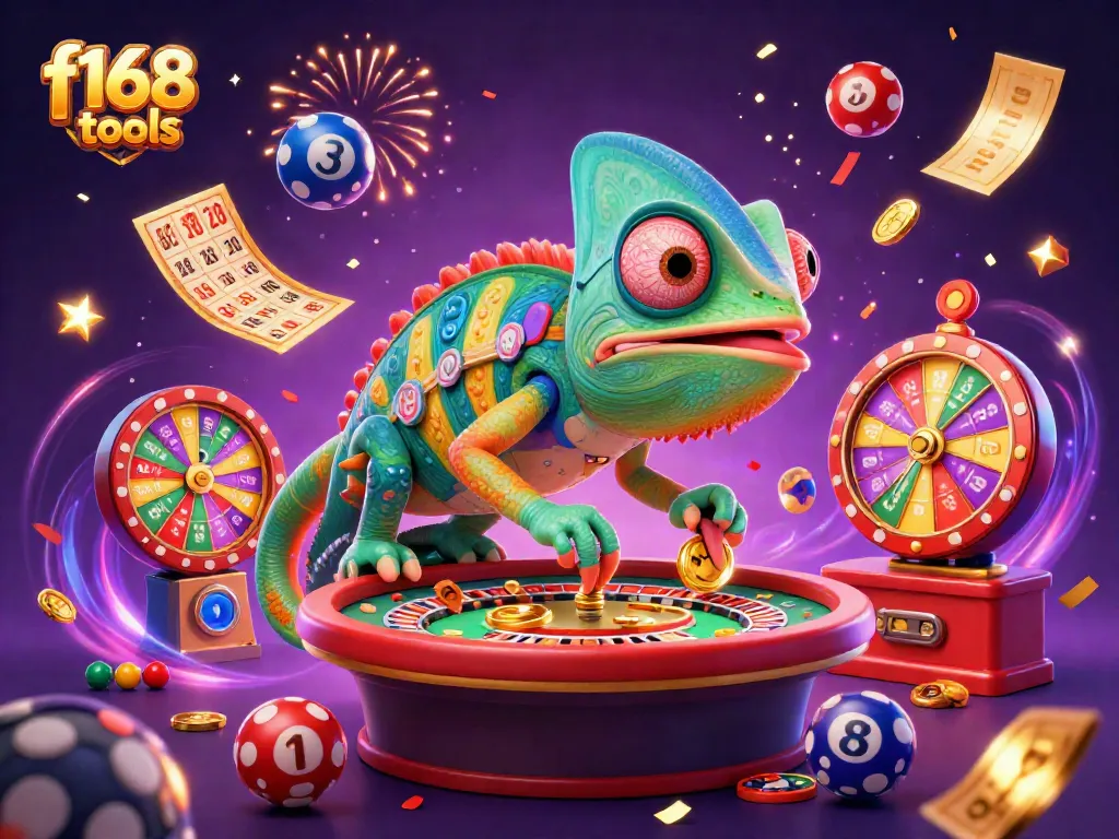 Experience f168 tools with a vibrant casino scene featuring a chameleon owner and dynamic game elements.