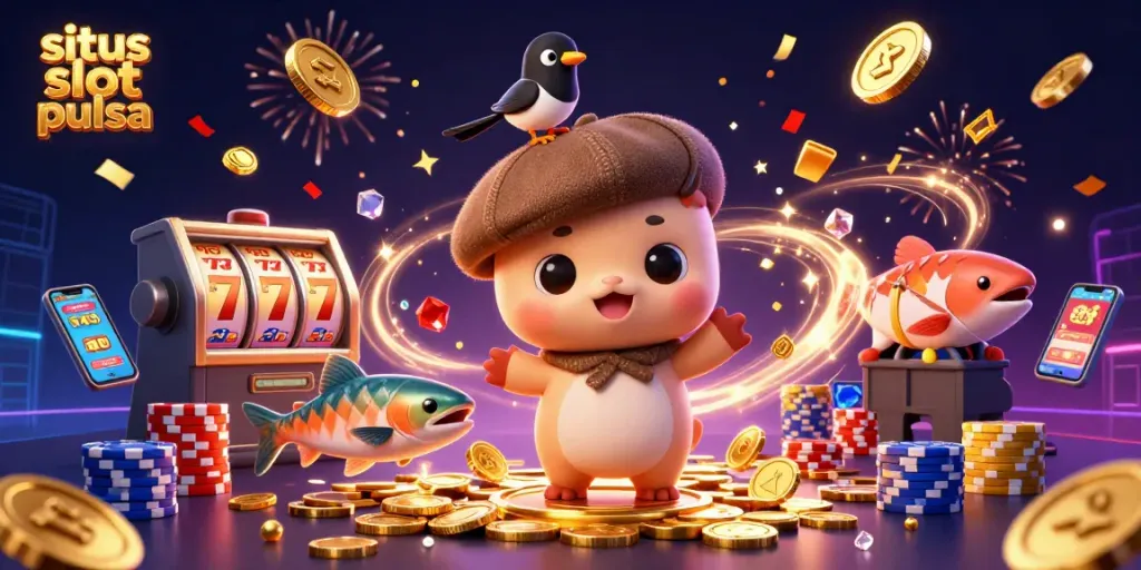 Spin the reels at situs slot pulsa with colorful slot machines and playful characters in an exciting casino scene.