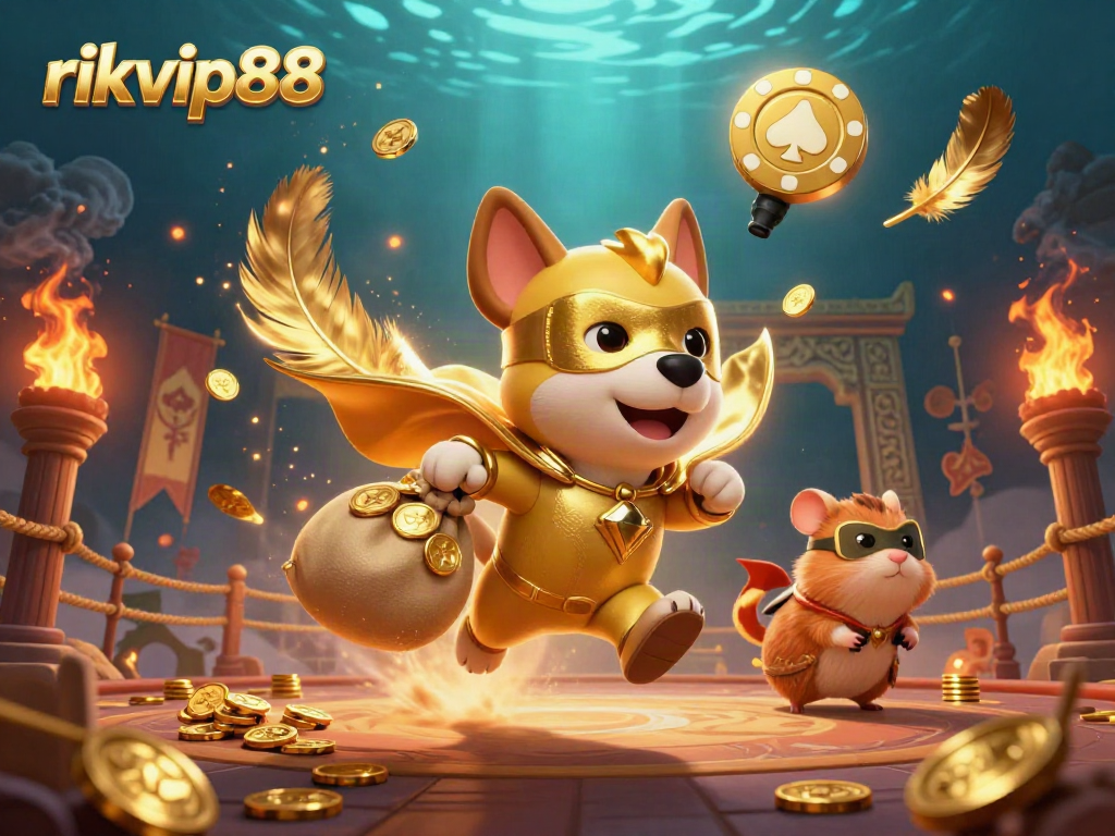 Witness the exciting action of rikvip88 as the superhero dog and sidekick hamster embark on their gaming adventure.