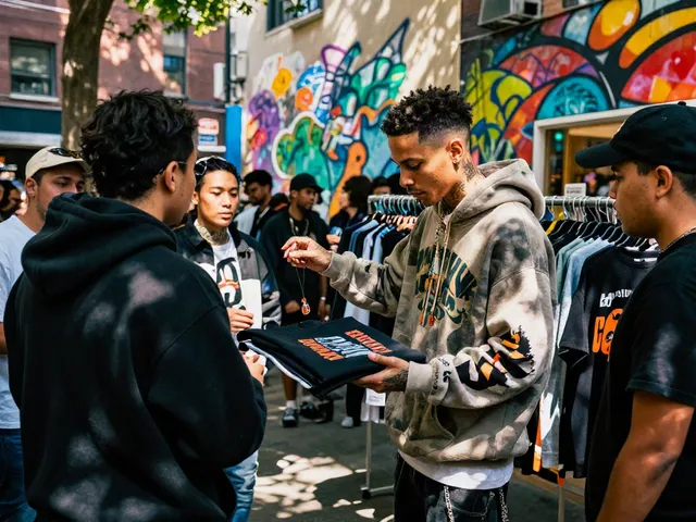 Fan showcasing exclusive rokok88 merchandise in urban streetwear pop-up shop.