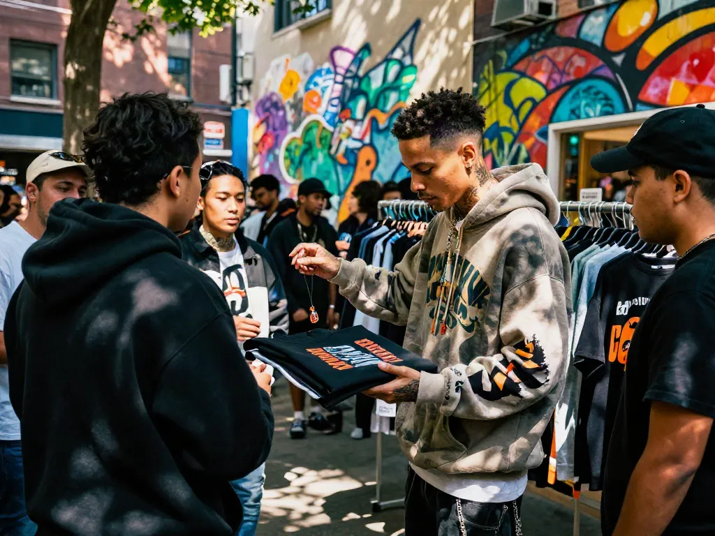 Fan showcasing exclusive rokok88 merchandise in urban streetwear pop-up shop.
