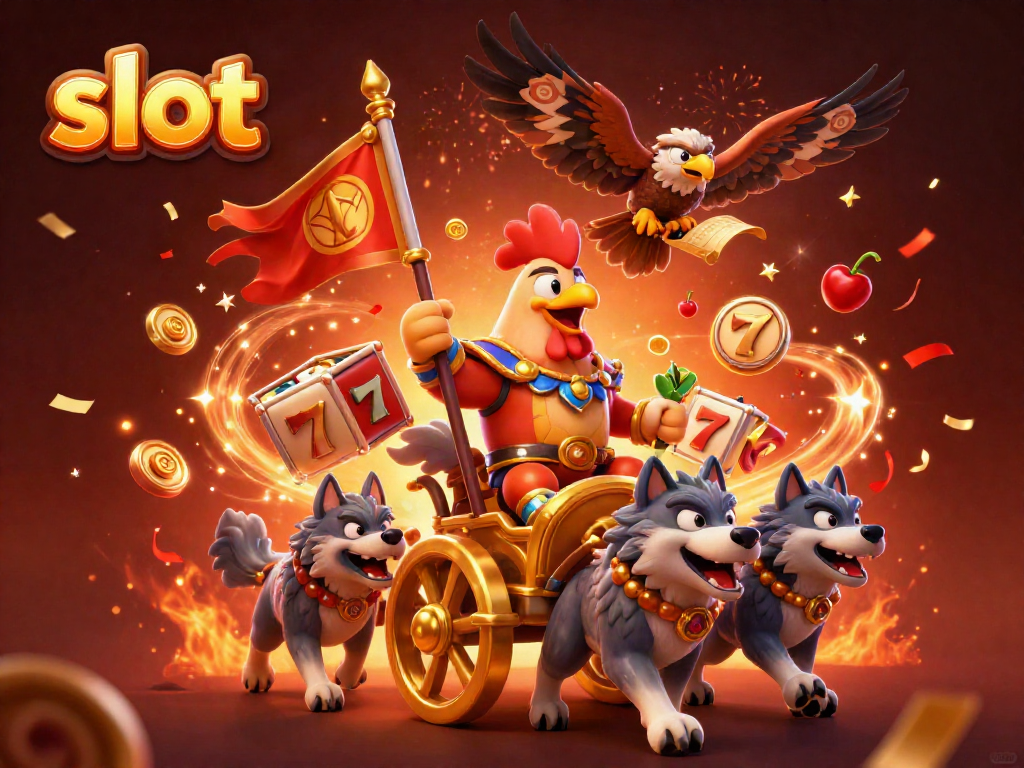 Experience exhilarating jackpot wins with slot reels, golden coins, and a dynamic rooster warlord scene.