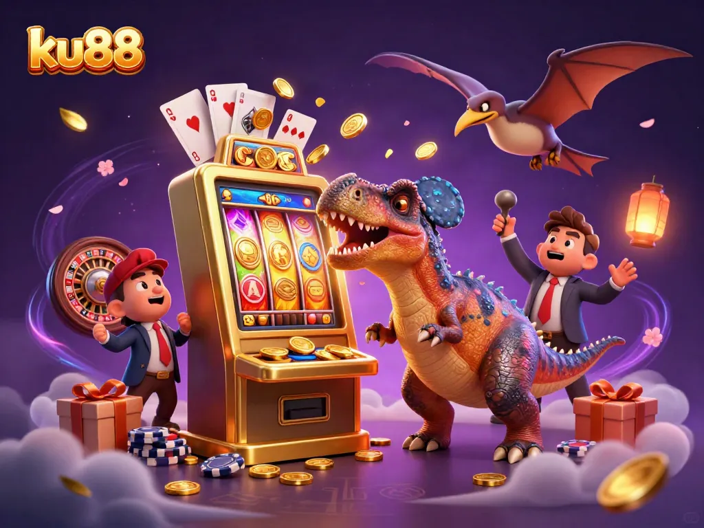 ku88 players celebrate as a pachycephalosaurus hits a golden slot machine for jackpots in a vibrant casino scene