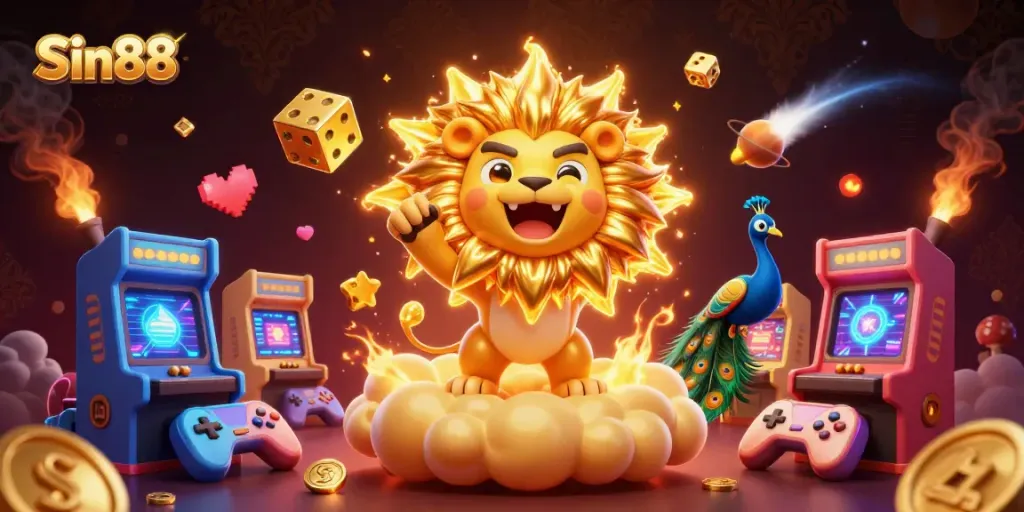 Experience the excitement of Sin88 in a colorful, engaging 3D casino scene full of dynamic game elements.