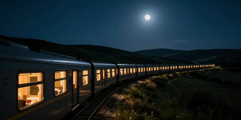 Overnight train tickets experience: serene sleeper train traveling through picturesque countryside during the night.