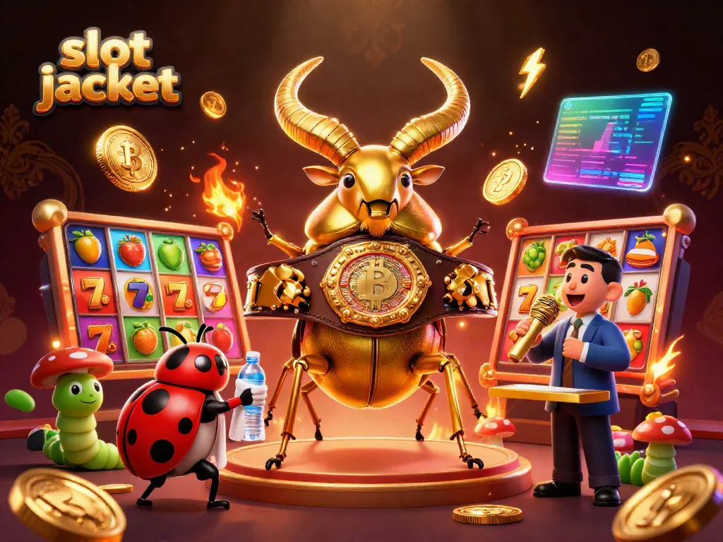 Engaging slot jackpot illustration featuring a giant stag beetle champion with vibrant casino symbols.