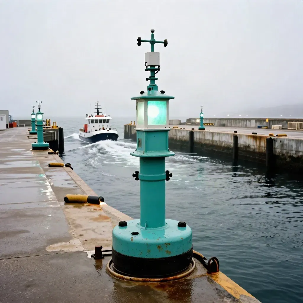 Low harbor channel with lit buoys, berth gate, and pilot launch wake in mist