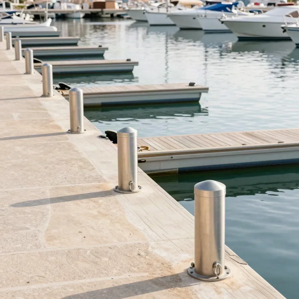 Sunny Mallorca marina pier with tidy berth posts, mooring rings, and calm reflective water.