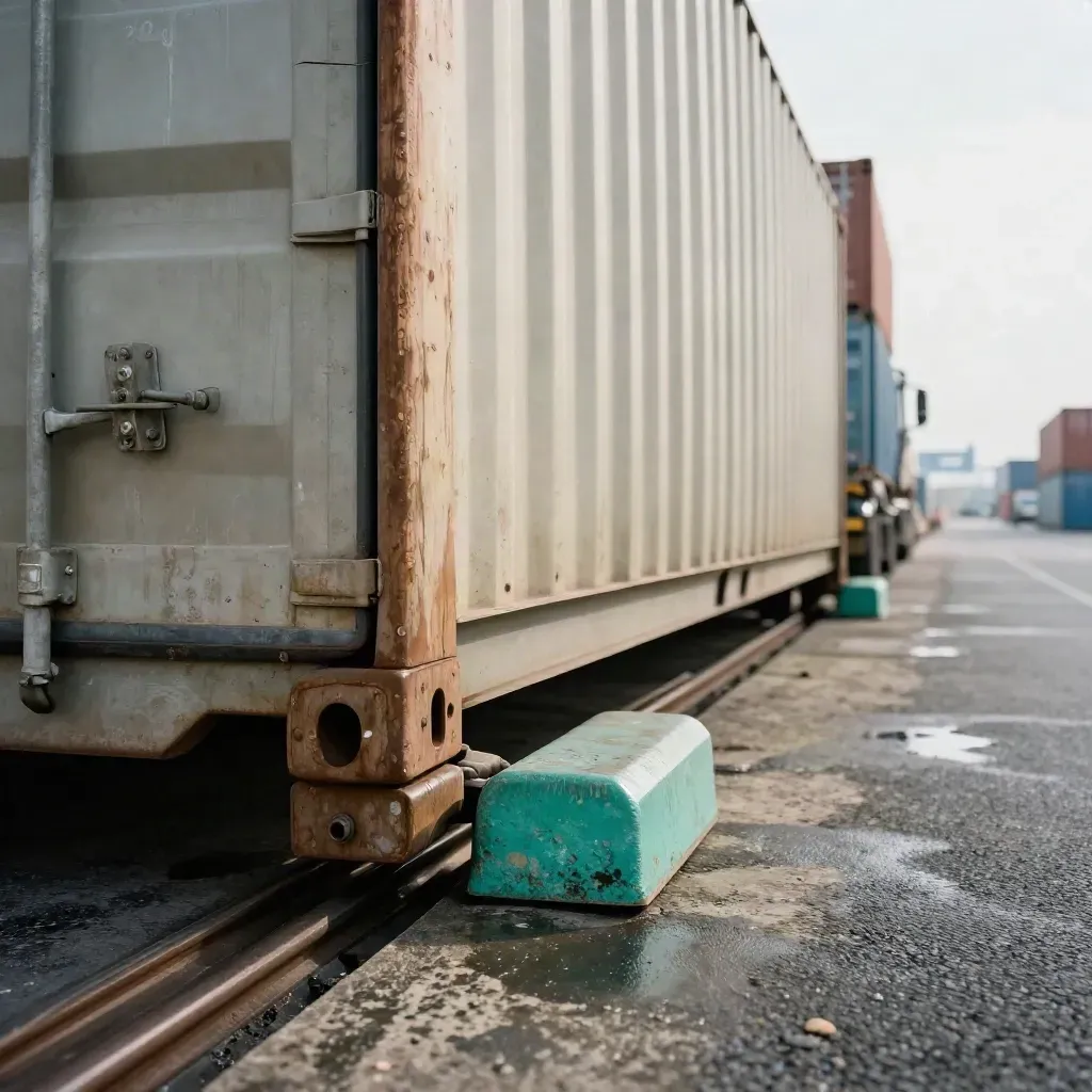 Macro of interlocked container steel and crane rail at a busy quay.
