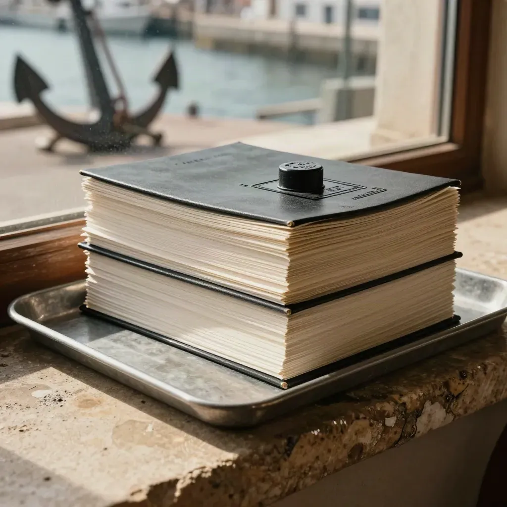 Sealed customs folders and a stamp on warm stone at a Genoa quay office.