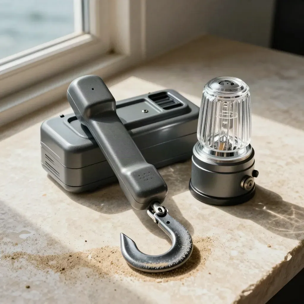 Ship support tools on pale stone: handset cradle, ladder hook, and signal lamp glass.