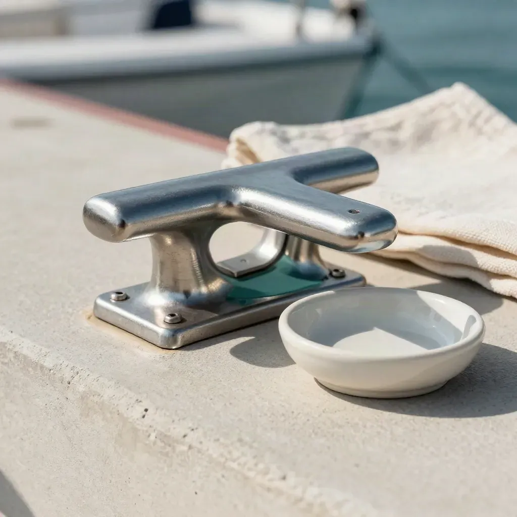 Polished cleat, berth marker, and dock spacer in a shallow ceramic dish on concrete.