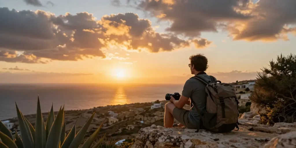 Gozo tours sunset view with traveler enjoying the Mediterranean landscape.