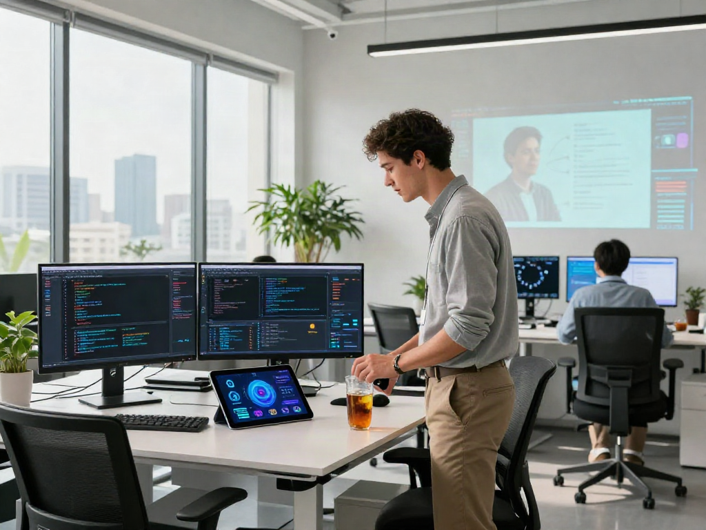 Youthful professionals collaborating in a tech-driven workspace using crushonai for innovative solutions.