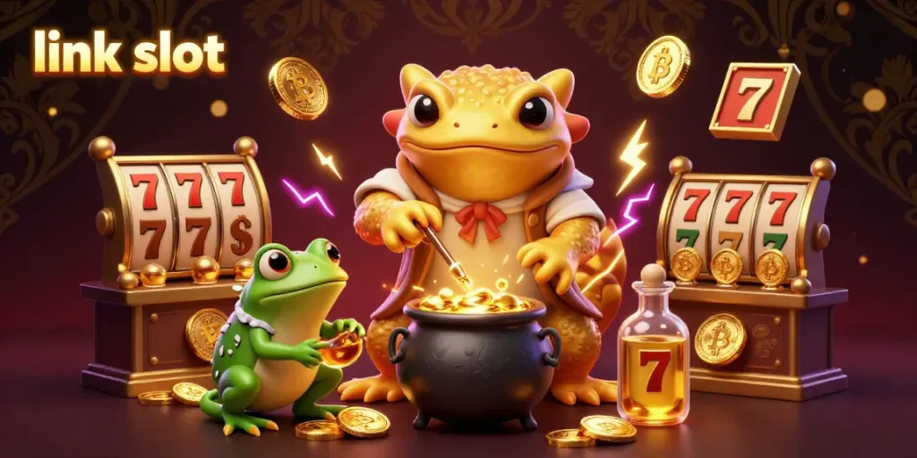 Experience thrilling victories at link slot with vibrant 3D alchemists, slot reels, and golden coins.