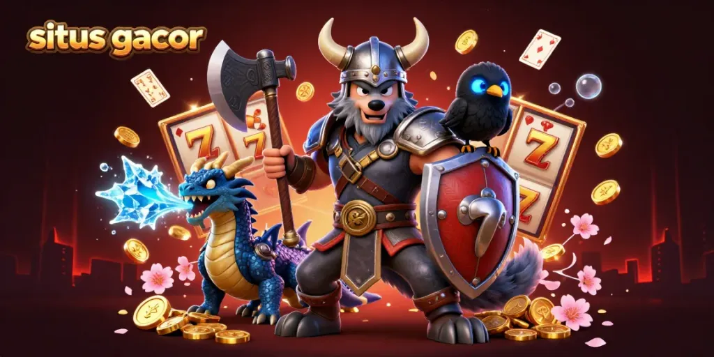 Experience the thrill of winning at situs gacor with a dynamic illustration featuring a Viking warrior, dragon, and slot reels.