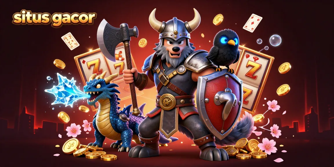 Experience the thrill of winning at situs gacor with a dynamic illustration featuring a Viking warrior, dragon, and slot reels.