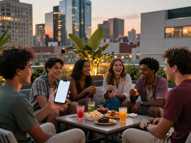 Friends enjoying a stylish rooftop gathering with rokok88 super app on display, vibrant city backdrop, warm sunset lighting.