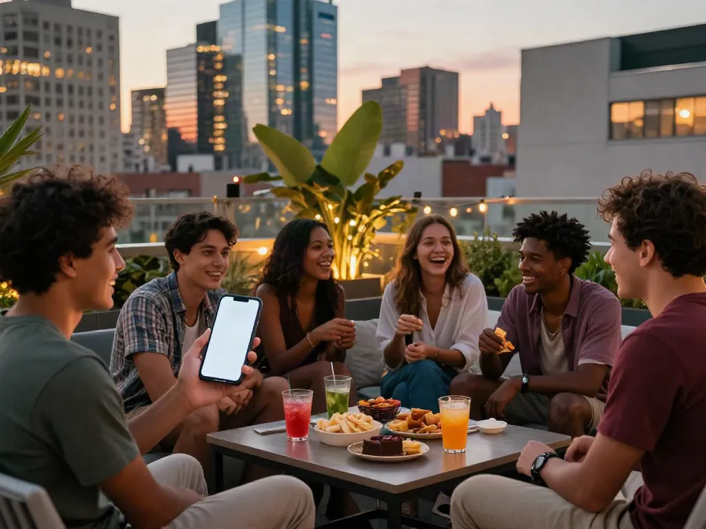 Friends enjoying a stylish rooftop gathering with rokok88 super app on display, vibrant city backdrop, warm sunset lighting.