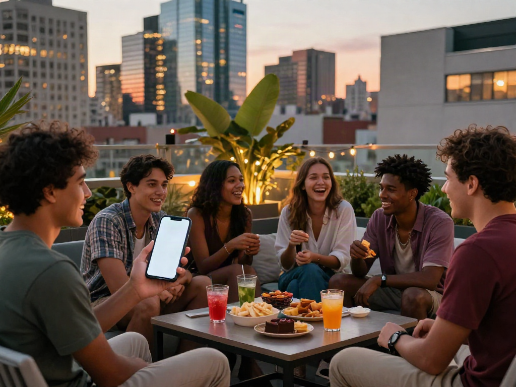 Friends enjoying a stylish rooftop gathering with rokok88 super app on display, vibrant city backdrop, warm sunset lighting.