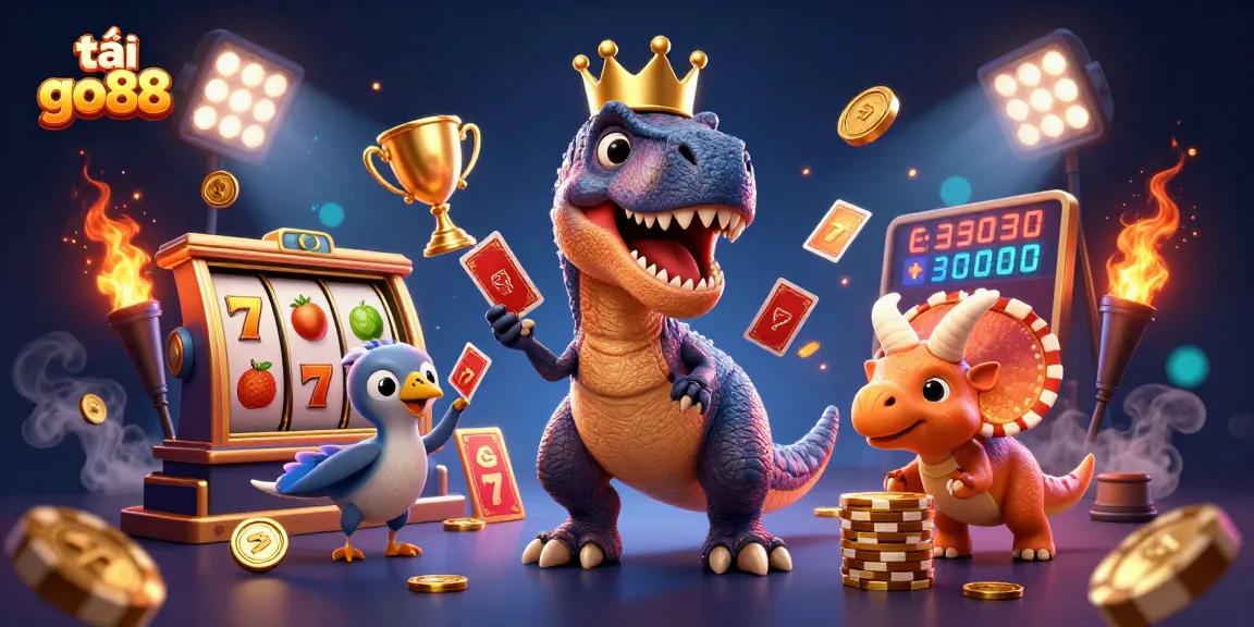 Experience the excitement at tải go88 with this vibrant casino scene featuring fun cartoon dinosaurs.