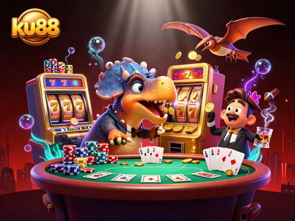 ku88 casino scene featuring a pachycephalosaurus interacting with a slot machine, surrounded by colorful casino elements.