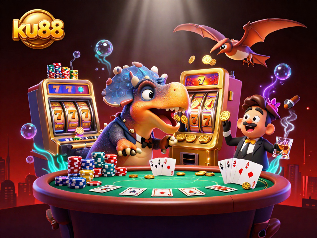 ku88 casino scene featuring a pachycephalosaurus interacting with a slot machine, surrounded by colorful casino elements.