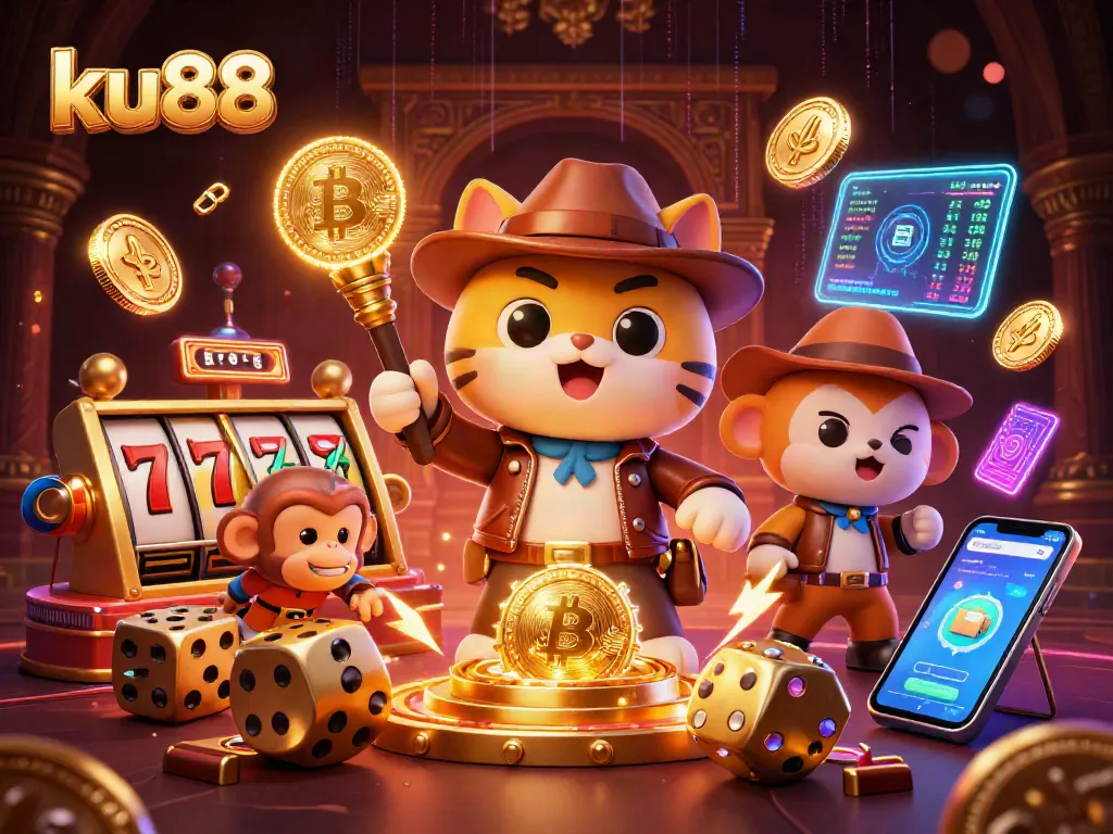 Experience thrilling gameplay at ku88 with an explorer cat and monkey in a vibrant casino scene.