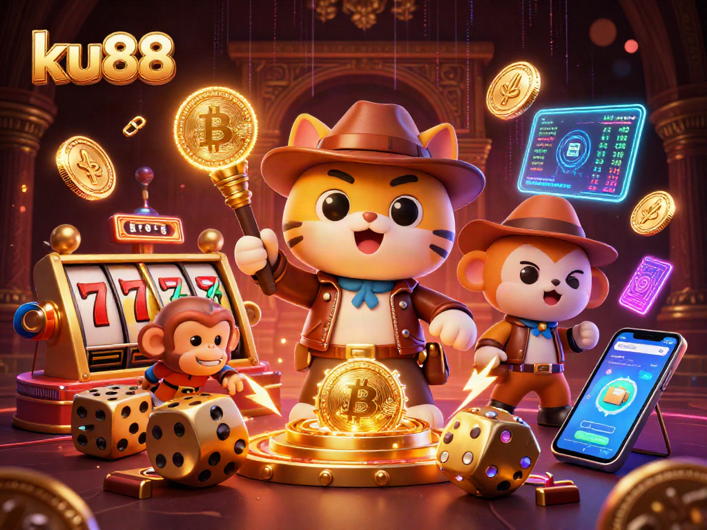 Experience thrilling gameplay at ku88 with an explorer cat and monkey in a vibrant casino scene.