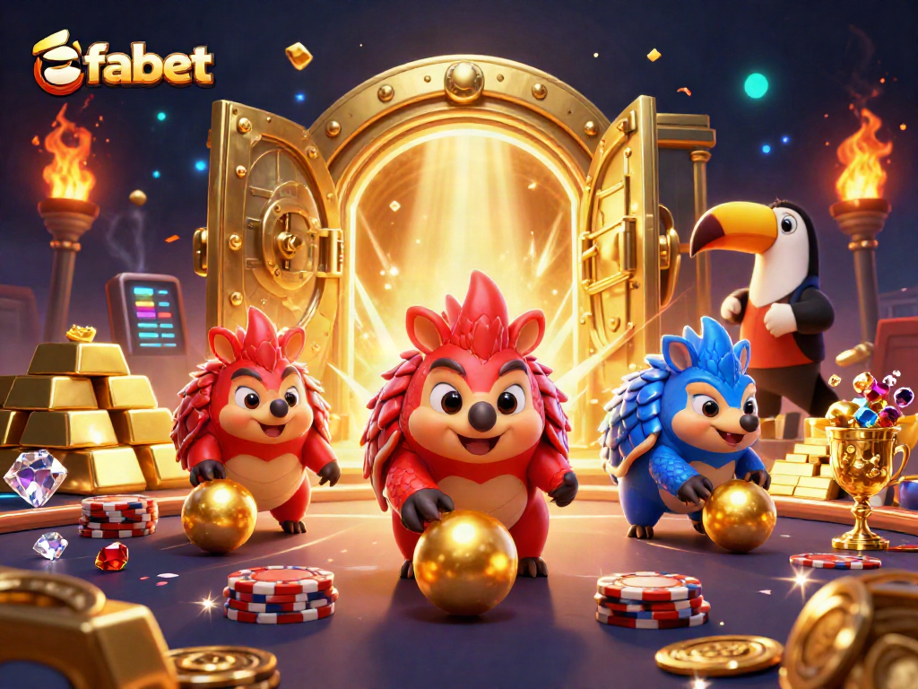 FABET features rival pangolins having fun while rolling through poker chips and winning jackpots.