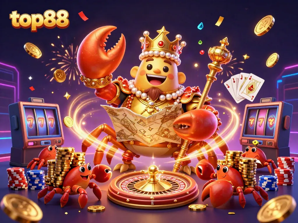 top88 showcases a golden crab emperor celebrating big wins in a vibrant casino atmosphere